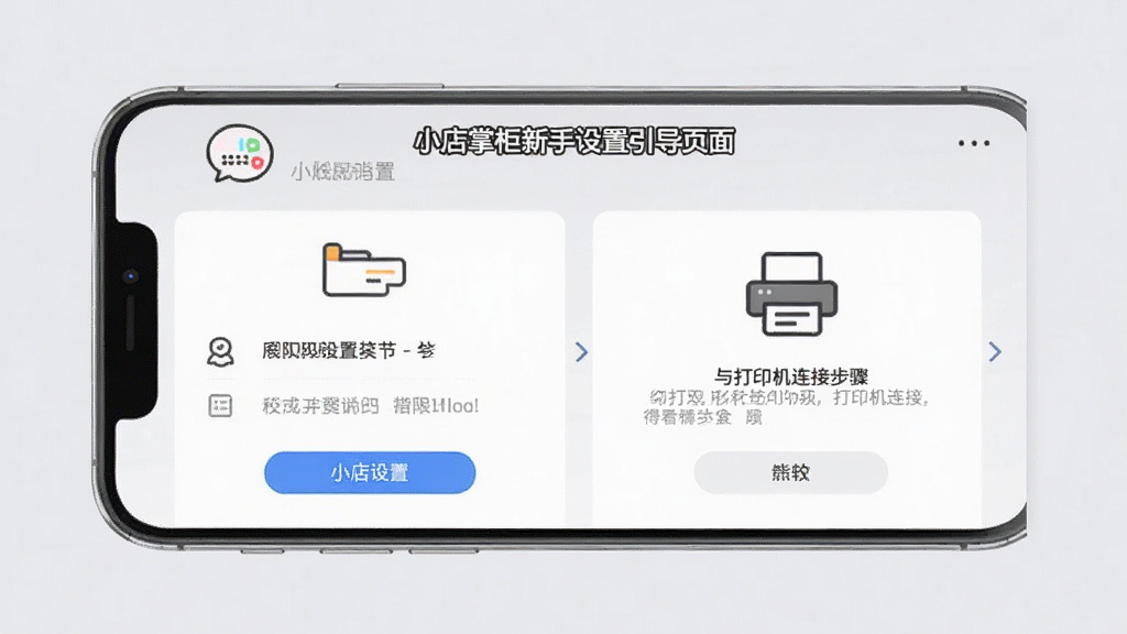 小店掌柜新手设置引导页面,手机屏幕展示权限设置与打印机连接步骤,界面简洁明了,配有图标指引,背景为浅灰色,整体风格清爽,画质高清