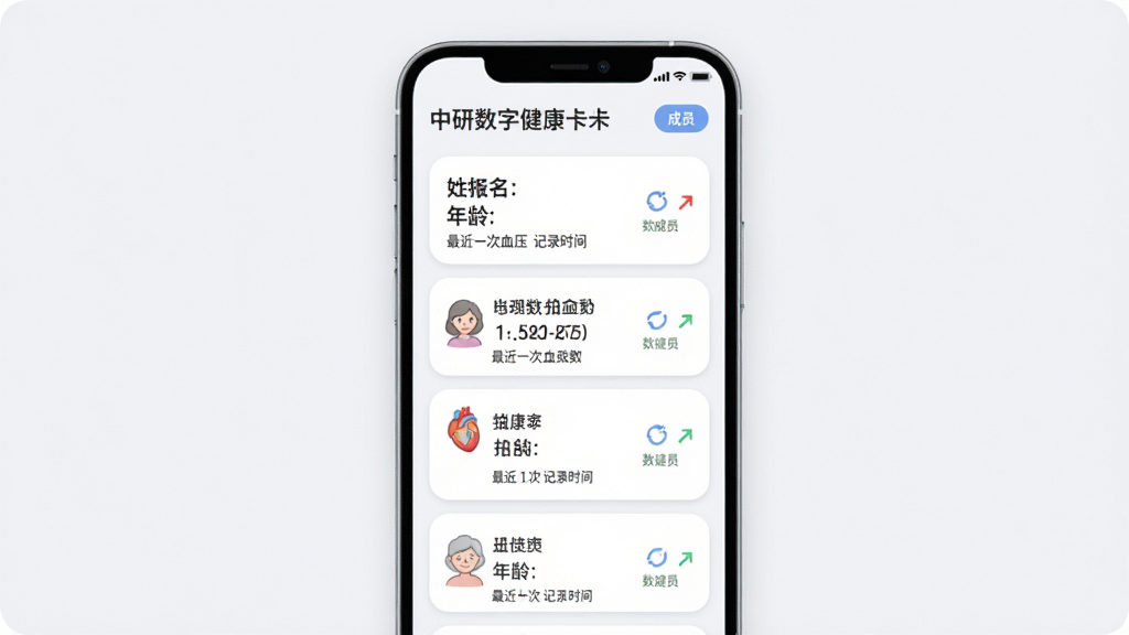�������ֽ������˵������棬����Ϊ�ֻ���Ļչʾ��ͥ��Ա������Ƭ�б�������Ϊ�������У�ÿ�ſ�Ƭ�������������䡢���һ��Ѫѹ��ֵ�ͼ�¼ʱ�䣬���Ϊ���Բ�ǿ�Ƭ��ƣ�ϸ�������ӳ�Ա��ť����������С��ͷ�������������ɾ����޶���Ԫ��
