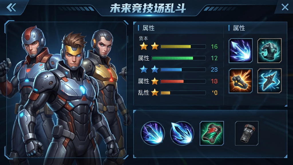 δ���������Ҷ���Ϸ�����ͼ�������ΪӢ�����ɽ��棬����Ϊ���Ӣ�����桢�Ҳ����������װ�������Ű��������������Ϊ�ƻ�UI��ƣ�ϸ�ڰ������������Ǽ�ͼ�ꡢ����ͼ�귢�⣬����Ϊ���塢�ɾ����޶���Ԫ�أ������д����֡�δ���������Ҷ�����