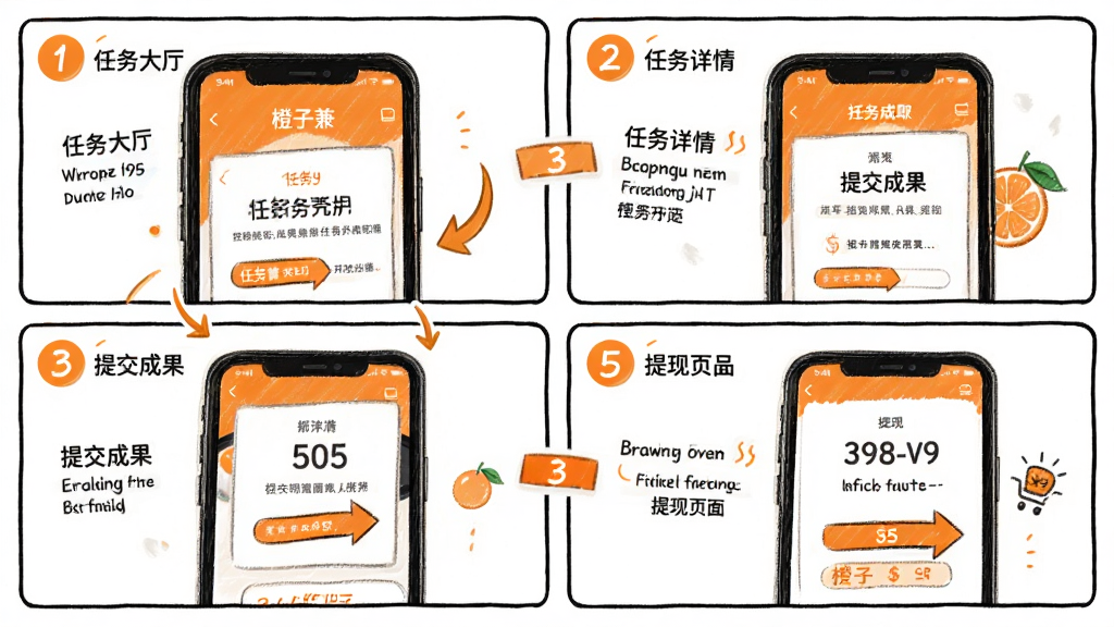 ���Ӽ��ƶ��˲�������ʾ��ͼ������Ϊ�ֻ���Ļչʾ���Ӽ�APP�������ȡ�����ֵ��������̣�����Ϊ�ĸ�־�ʽ�Ű棬����չʾ����������������顢�ύ�ɹ�������ҳ�棬���Ϊ�ֻ�廭�磬ϸ�ڰ�����ͷ�����������š���ɫ����ɫ�����ʸ��壬�ɾ����޶���Ԫ��
