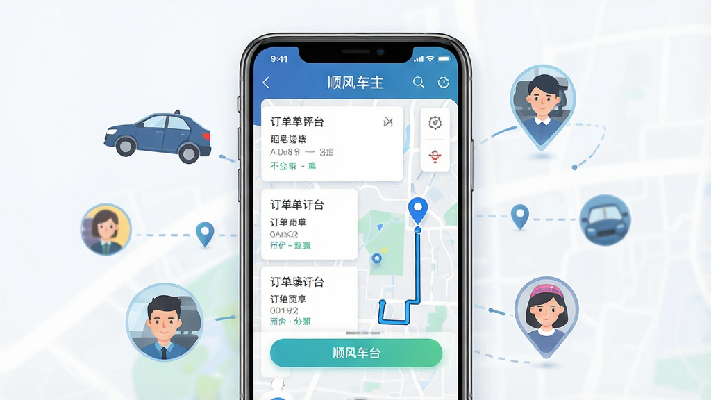 һ��չʾ˳�糵��ƽ̨�ֻ�Ӧ���������ͼƬ������������һ�����������ֻ�����Ļ��������ʾ˳�糵��ƽ̨�Ķ����б��͵�ͼ�������棬�ֻ���Χ������˳�糵���˿�ͷ�񡢶�λͼ���Ԫ�أ����岼�ּ�����ˣ����Ϊ�ִ��Ƽ��б�ƽ����ƣ�ϸ�ڰ����ֻ��߿�߹⡢���水ť����ͼ·�ߣ����ʸ��壬�ɾ����޶���Ԫ��