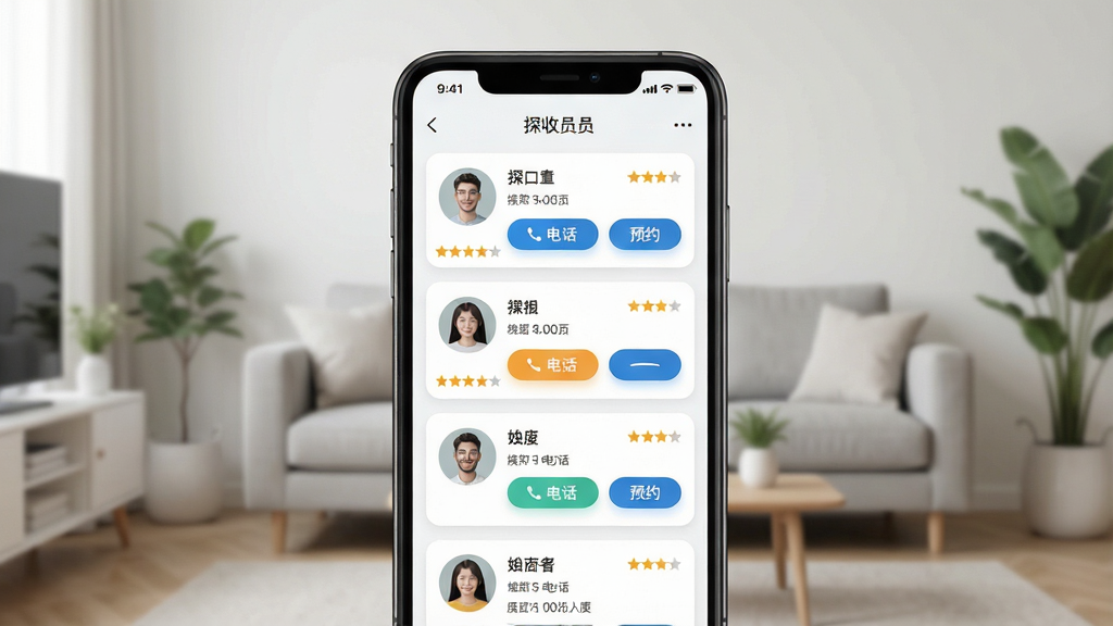 һ��չʾ̽��App��ϵ����Ա���ܵĳ���ͼ���������ֻ���Ļ��ʾ����Ա�б���ÿ����Ŀ��ͷ���������绰��ť��ԤԼ��ť������Ϊ�ֻ����У������Ǽ��Ŀ���һ�ǡ����Ϊ�ִ���ƬʽUI��ƣ�ϸ�ڰ�����ť�������Ǽ����ۡ����ʸ��壬����ɾ����޶���Ԫ�ء�