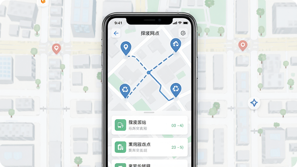 һ��չʾ̽��App�����������㹦�ܵĳ���ͼ���������ֻ���Ļ��ʾ��ͼ���棬��ͼ���ж������վ��λͼ�꣬�·��������б���Ƭ������Ϊ�ֻ����У������ǳ��н�����ͼ�����Ϊ�ִ���ͼ����UI���ϸ�ڰ�����λ��ǡ�·�����ߡ��������ơ����ʸ��壬����ɾ����޶���Ԫ�ء�