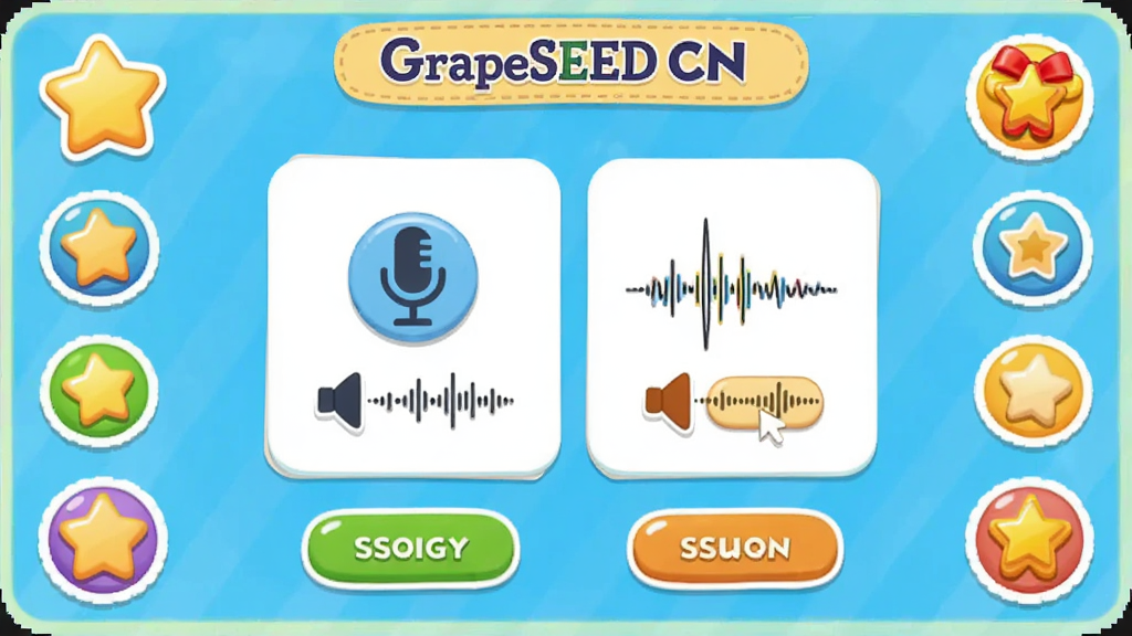 ����ΪGrapeSEED CN������ϰ���棬����Ϊ��Ļ������ʾ��ק�����Ϸ�����ܻ������Ǻͽ���ͼ�꣬�Ű�Ϊ���п�Ƭʽ�����Ϊ�������ö�ͯ�磬ϸ�ڰ�����˷�ͼ�ꡢ�������Ρ���ɫ��ť�����ʸ��壬�ɾ����޶���Ԫ��