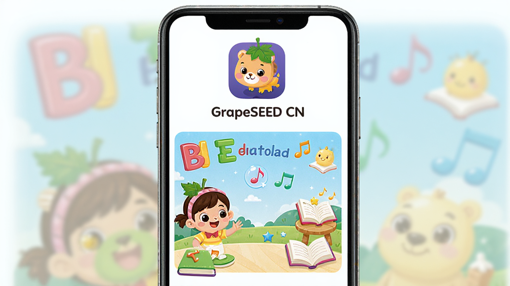 ����ΪGrapeSEED CNӢ��ѧϰӦ�ý���չʾ�����ֲ��þ����ֻ���Ļ��ʽ���Ű�Ϊ�Ϸ�Ӧ��ͼ������ƣ��·�չʾ��ͯӢ������뻥����ϰҳ�棬���Ϊ���¿�ͨ�����磬ϸ�ڰ�����ɫ��ĸ����ͨ�����ɫ���������鱾Ԫ�أ����ʸ��壬�ɾ����޶���Ԫ��
