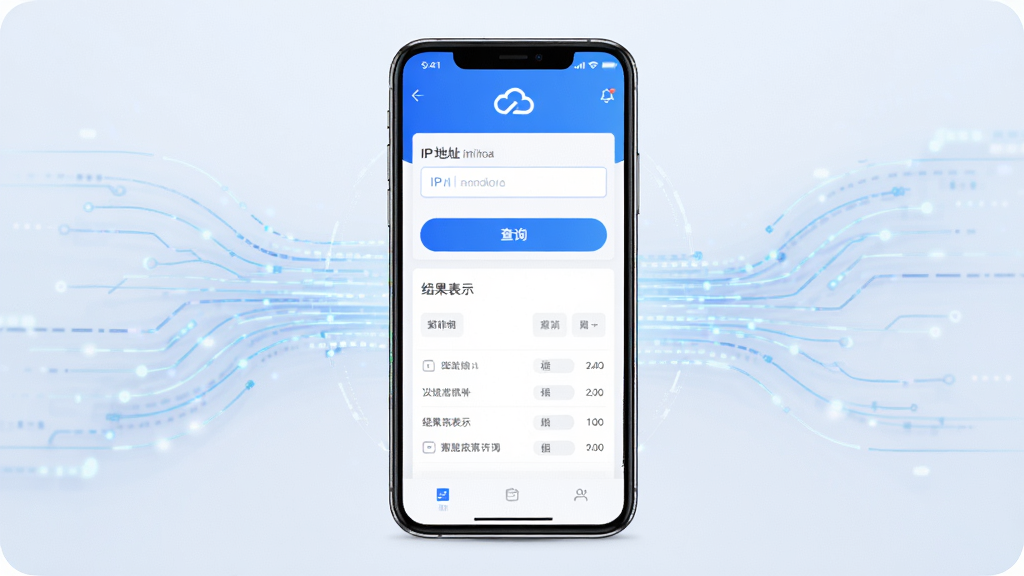IP����������������ȫòչʾ�������������ֻ���Ļ����Ļ����ʾIP������Ӧ�ý��棬����IP��ַ����򡢲�ѯ��ť�����չʾ���򣬽�������ɫ�Ͱ�ɫΪ��ɫ���������Ǽ��ĿƼ���������������������ִ���Լ��ϸ�����������ʸ��壬�ɾ��޶���Ԫ��