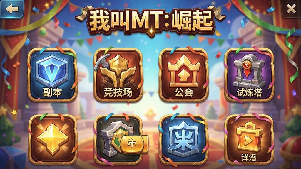 ����չʾ��Ϸ�ڻ�������棬�ж������ͼ�����У����������������������ᡢ�������ȣ�����Ϊ����������Ϸ��С��ҽ�MT�����𡱱��⣬����Ϊ�����ֻ��ҳ�棬���Ϊ���ֻ������ϷUI��ϸ�ڰ���ͼ������С��ʴ�װ�Ρ���ť�߹⣬���ʸ��壬�ɾ����޶���Ԫ��