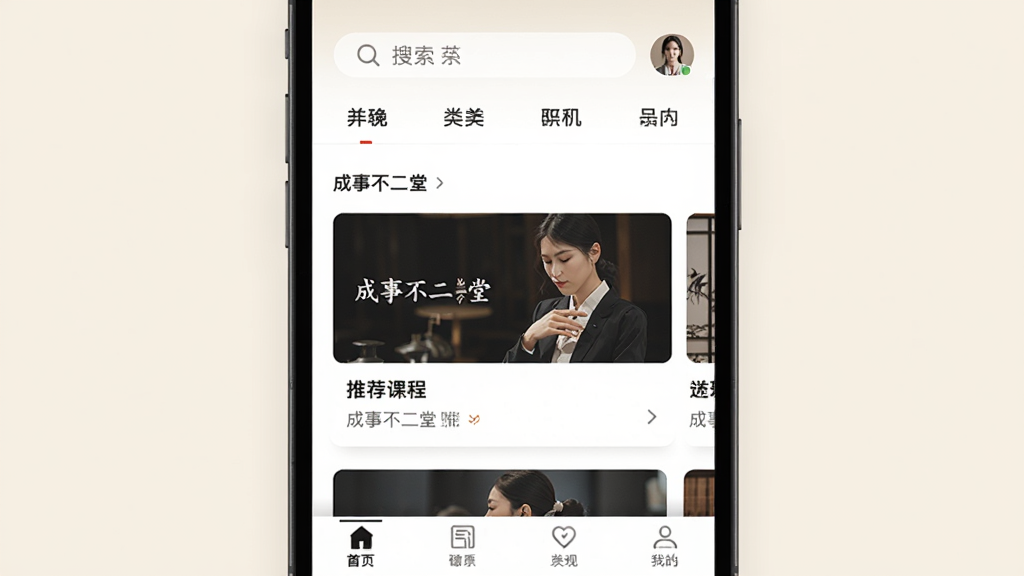 ���²�����Ӧ��������չʾ�������������ֻ���Ļ����Ļ����ʾ���²�����APP����ҳ���֣��������������ͷ����ǩ���в�Ϊ�Ƽ��γ̿�Ƭ���ײ�Ϊ�������������������£�����Ϊ����ɫ�������������ɾ��޶���Ԫ��