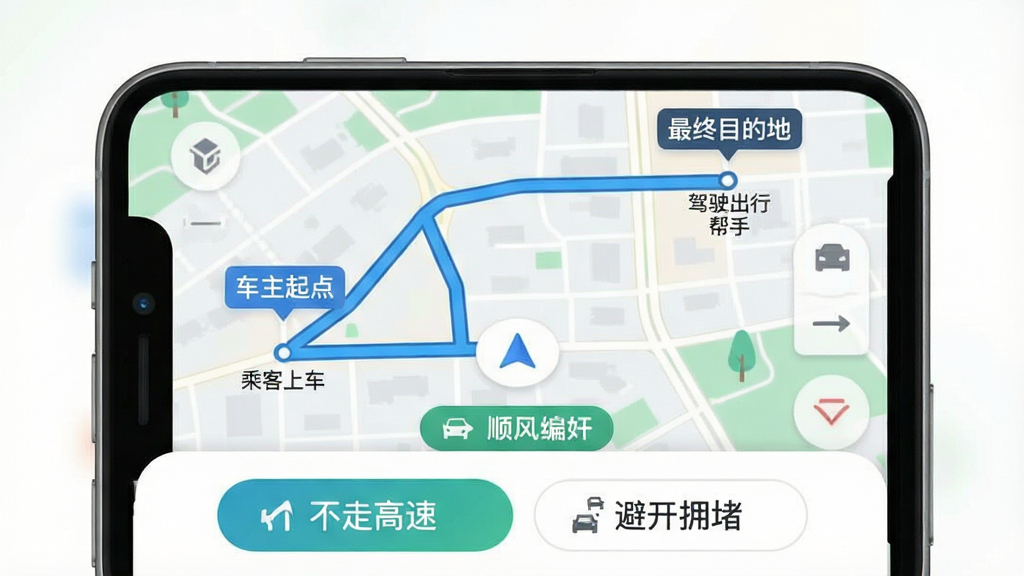 ����չʾ�ֻ��������棬��ͼ����ʾһ����ɫ����·�ߣ�·���б�ע�˳�����㡢�˿��ϳ��������Ŀ�ĵء�����ײ���·��ƫ�����ð�ť���硰���߸��١��͡��ܿ�ӵ�¡���������Ϊ��ƽ����ͼ��ƣ�ɫ����ˬ�����ʸɾ������������ֱ�ע��˳�糵��ʻ���а��֡����޶���Ԫ�ء�
