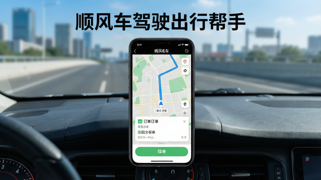 ��������չʾһ�������ֻ����ֻ���Ļ����ʾ˳�糵��ʻ���а���APP����ҳ���棬�����а�����ͼ����·�ߡ�������Ƭ�ͽӵ���ť���ֻ�������һ�����������Ǳ����Ϸ����������黯�ĳ��е�·�����졣������Ϊдʵ�Ƽ��磬ϸ�ڷḻ�����������ɾ������������ֱ�ע��˳�糵��ʻ���а��֡����޶���Ԫ�ء�