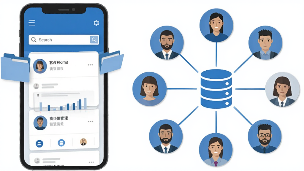 һ�ż���CRM�ͻ��������ܵ�ʾ��ͼ������������ֻ�����չʾ�ͻ�������Ƭ���Ҳ��Ƕ���ͻ�ͷ��ͨ���������ӵ���������ݿ�ͼ�꣬�����д��б�ǩ�������򡢷����ļ��е�Ԫ�أ���ƽ����Ʒ����ɫ����ɫ�Ͱ�ɫΪ���������������ɾ����࣬�޶���װ��