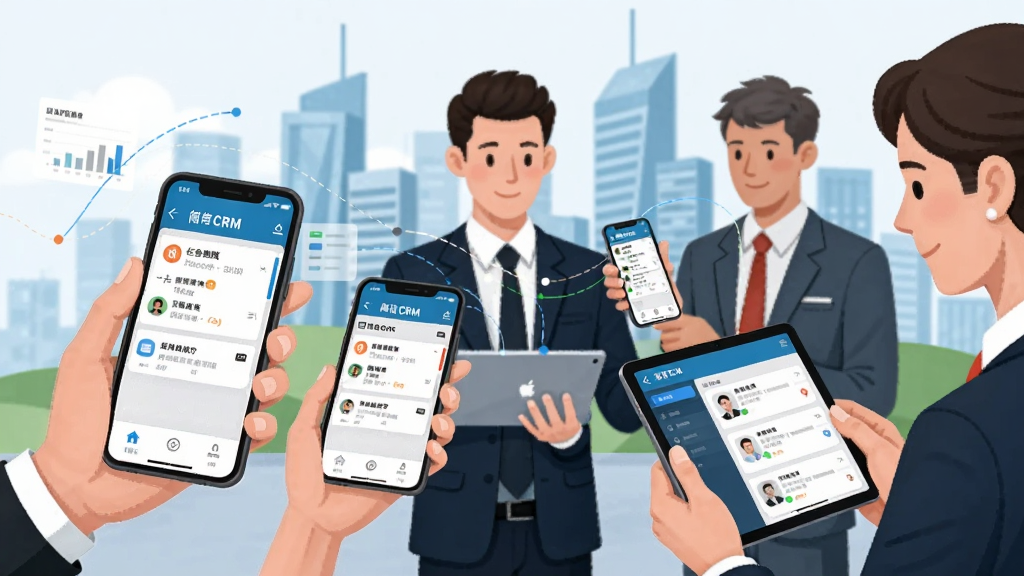 һ�ż���CRM�ƶ��칫�����Ĳ廭�������м�λ������ʿ�ֱ������ֻ���ƽ����ԣ��ֻ���Ļ����ʾ����CRM���������Ѻ��Ŷ�Э�����棬����֮��ͨ���������������ӣ��������ִ����ĳ���д��¥���������������ɫ�����죬�����������޶���Ԫ��
