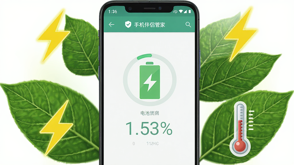 һ����׿�ֻ���Ļ������ʾ�ֻ����¹ܼҵĵ�ع������棬�������е��ͼ��͵����ٷֱ����֣��ֻ���Χ��������ɫ��Ҷ��������¶ȼ�ͼ�꣬����Ϊ�ֻ����С�ͼ�껷�����ܣ����Ϊ�������·磬ϸ������Ҷ����������������Ϊ����ɫ������Ϊ����4K���ɾ��޶���Ԫ�ء�