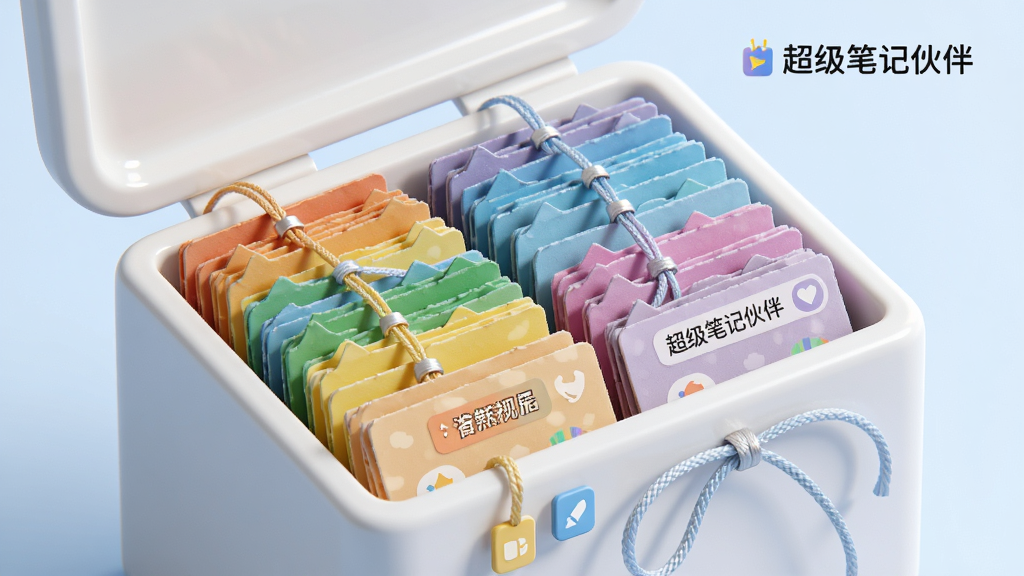����չʾһ����ά�������ɺУ����ڲ�ͬ��ɫ�ı�ǩ��Ƭ�������У�ÿ�ſ�Ƭ��д�з������ƣ�����Ϊ����ɫ���䣬����ִ���Լ��ϸ�ڰ�����ǩ�������ͼ�꣬���ʸɾ���������Ļ����ʾ���֡������ʼǻ�顱