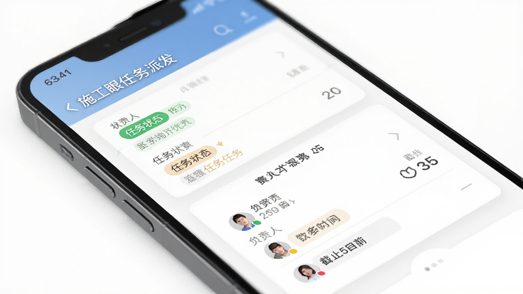 ʩ���������ɷ����棬����Ϊ�ֻ���Ļ��ʾ�����б������鿨Ƭ������Ϊ���½ṹ�����Ϊ������죬ϸ�ڰ�������״̬��ǩ��������ͷ�񡢽�ֹʱ��ͼ�꣬�����������ɾ����޶���Ԫ��