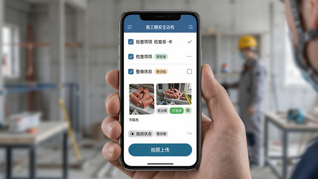ʩ���۰�ȫѲ����棬����Ϊ�ֻ���Ļչʾ������б��������ϴ���ť������Ϊ���½ṹ�����Ϊ�Ͻ�רҵ��ϸ�ڰ�������ѡ��������Ƭ����ͼ������״̬��ǩ�������������ɾ����޶���Ԫ��