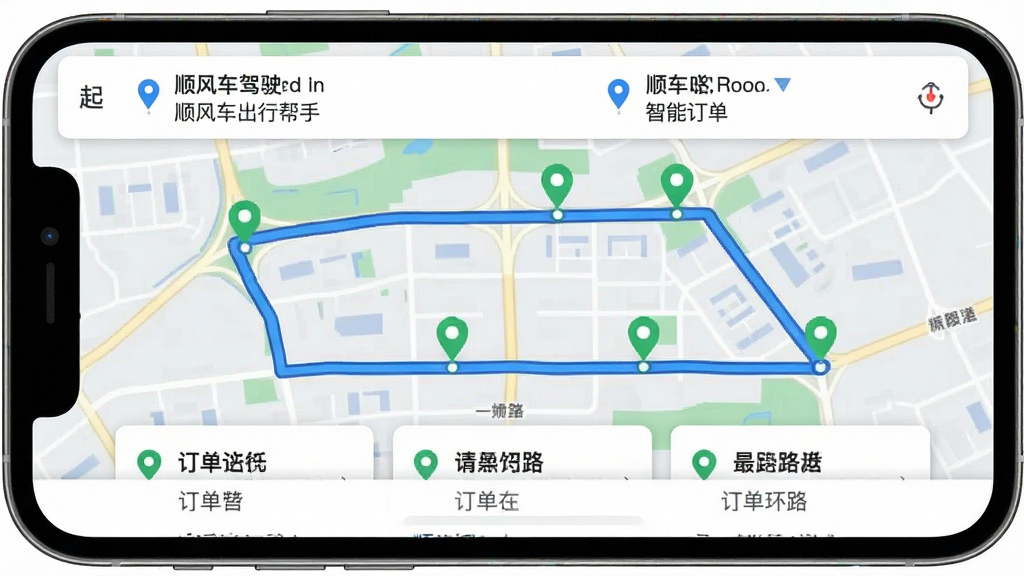 һ��չʾ˳�糵��ʻ���а�������·�߹滮���ܵĽ���ͼ������Ϊ�ֻ���Ļ��ʾ��ͼ·����˳·������ǣ�����Ϊ��ͼռ����Ļ��Ҫ���򣬶�����ʾ���յ���Ϣ�����Ϊ��ƽ����ͼ��ƣ�ϸ�ڰ�����ɫ·����������ɫ˳·���ǡ��ײ�������Ƭ�������������ɾ����޶���Ԫ��