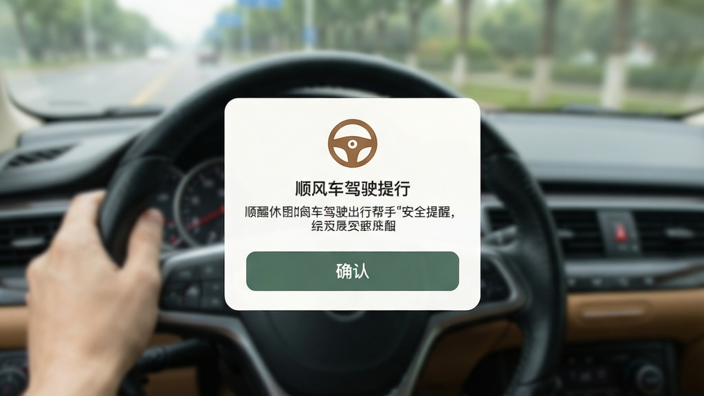 һ��չʾ˳�糵��ʻ���а��ְ�ȫ���ѹ��ܵĽ���ͼ������Ϊ�ֻ���Ļ������ȫ��ʾ����������Ϊ����������ʾ������Ϊ��ʻ�����黯ͼ�����Ϊ��ܰ���ѷ��ϸ�ڰ���������ͼ�ꡢ��Ϣ��ʾ���֡�ȷ�ϰ�ť�������������ɾ����޶���Ԫ��