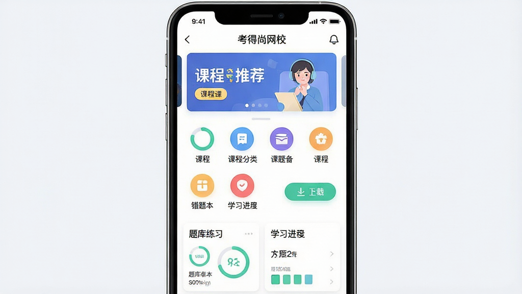 һ��չʾ�ֻ�Ӧ�ù���ģ��Ľ����ͼ���廭����������Ϊ����������У��Ӧ�������棬�Ϸ���ʾ�γ��Ƽ�������м����пγ̷���ͼ�꣬�·�չʾ�����ϰ��ѧϰ���ȿ�Ƭ������Ϊ�����ֻ���Ļ���������Ϊ�ִ���ԼUI��ƣ�ϸ�ڰ������Ȼ������Ȿͼ�ꡢ���ذ�ť�ȣ����ʸ���ɾ����޶���Ԫ��