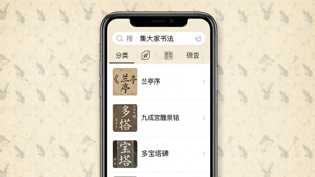 һ����Ϊ��������鷨�����ֻ�Ӧ�ý���չʾ����������Ϊ�ֻ���Ļ����Ļ����ʾ�����б�ҳ�棬�б����������ͤ�򡷡��ųɹ���Ȫ�������౦�������Ⱦ��䱮������ͼ�����ƣ���Ļ�Ϸ���������������ǩ������Ϊǳ��ɫ�¹�ֽ�����������Ϊ��ƽ��UI��ƣ�ϸ�ڰ��������������Ű���ͼ�꣬���ʸ��壬����ɾ����࣬�޶���װ��Ԫ��