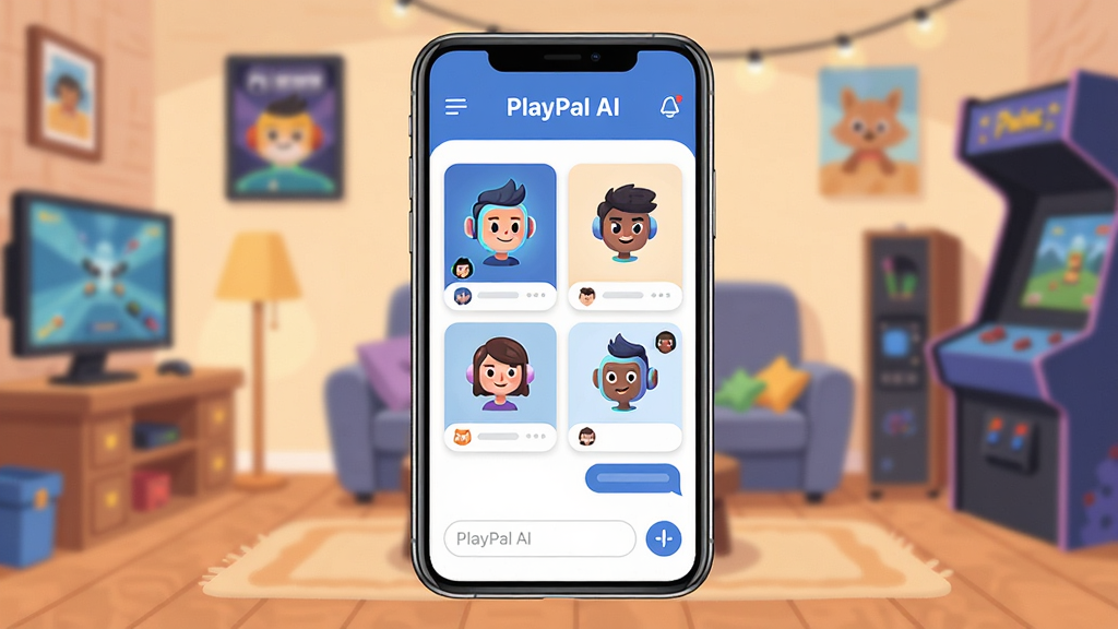 �����������һ�������ֻ�����Ļ��ʾ��PlayPal AI��Ӧ�������棬�������ж��AI��ɫͷ��Ƭ����������򣬱�������ܰ����Ϸ���价���������������У����ֲ������·ֲ�ṹ���Ϸ�ΪӦ�ñ������·�Ϊ���ܿ�Ƭ�����Ű������죬���Ϊ�ִ���ƽ��UI�廭��ϸ�ڰ����ֻ���Ե�ĸ߹⡢�����ڵĶԻ��������ɫСͼ�꣬���ʸ��壬����ɾ����޶���Ԫ�ء�