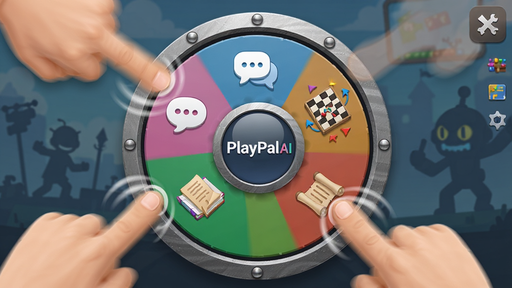 ��������Ϊ��PlayPal AI����ģʽѡ��ת�̽��棬ת���ϱ�ע��ͬģʽͼ�꣬���������ݡ�ս�����̡�����ȣ���Χ����ָ���ת�̵Ķ�̬Ч����������ת��ΪԲ�ģ��Ű��Բ�λ��ƣ����Ϊ�����ﻯ�廭��ϸ�ڰ���ת�̽����ʸб߿򡢸�ģʽͼ�����ɫ�����뱳���е���Ϸ������Ӱ������ϸ�壬����ɾ����޶���Ԫ�ء�