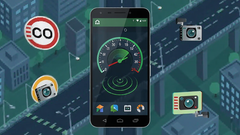 �����������һ����׿�ֻ�����Ļ��ʾGPS���ӹ������棬�г��ٱ������״ﲨ��ͼ�꣬�����ǳ��е�·��߼��ŵĸ����ӽǣ���ΧƯ�����ٱ�־������ͷͼ�꣬������ñ�ƽ���Ƽ����ɫ����������ӫ����Ϊ����ϸ�����������ʸɾ����޶���Ԫ��
