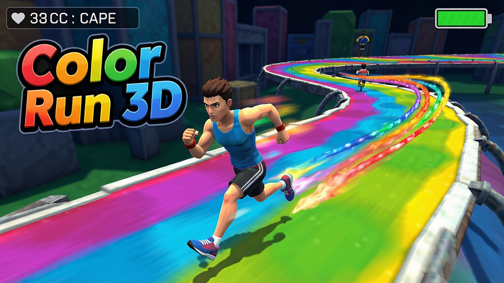Color Run 3D��Ϸ����������չʾ�������н�ɫ�ڲ�ɫ�����ϸ��ٱ��ܣ��������²�ɫ��βЧ��������֡���ȶ����ֻ�����ͼ����ʾ���㣬�����񶯸�ʮ�㣬����
