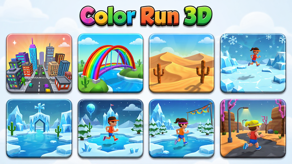 Color Run 3D�ؿ�ѡ����棬������չʾ�����ͬ����Ĺؿ���Ƭ���������С��ʺ��š�ɳĮ����ѩ�ȳ�������ͼ��ÿ�ſ�Ƭɫ�����������沼�����룬������