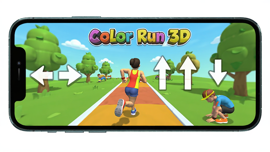 Color Run 3D���ֲ���ָ��ʾ��ͼ���������ֻ���Ļ��ʾ��Ϸ���棬�Ա��м�ͷ��ע���һ������ϻ���Ծ���»��¶׵Ĳ������򣬽���������������