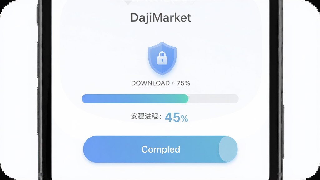 һ��չʾ DajiMarket ���ؽ����밲ȫ��ʾ�Ľ���ͼ������Ϊ�ֻ���Ļ���������������ؽ���������ɰ�ť���Ű��࣬���Ϊ���Բ����ƣ�ϸ�ڰ�����ȫ����ͼ��ͽ��Ȱٷֱȣ����ʸ��壬�ɾ����޶���Ԫ�ء�