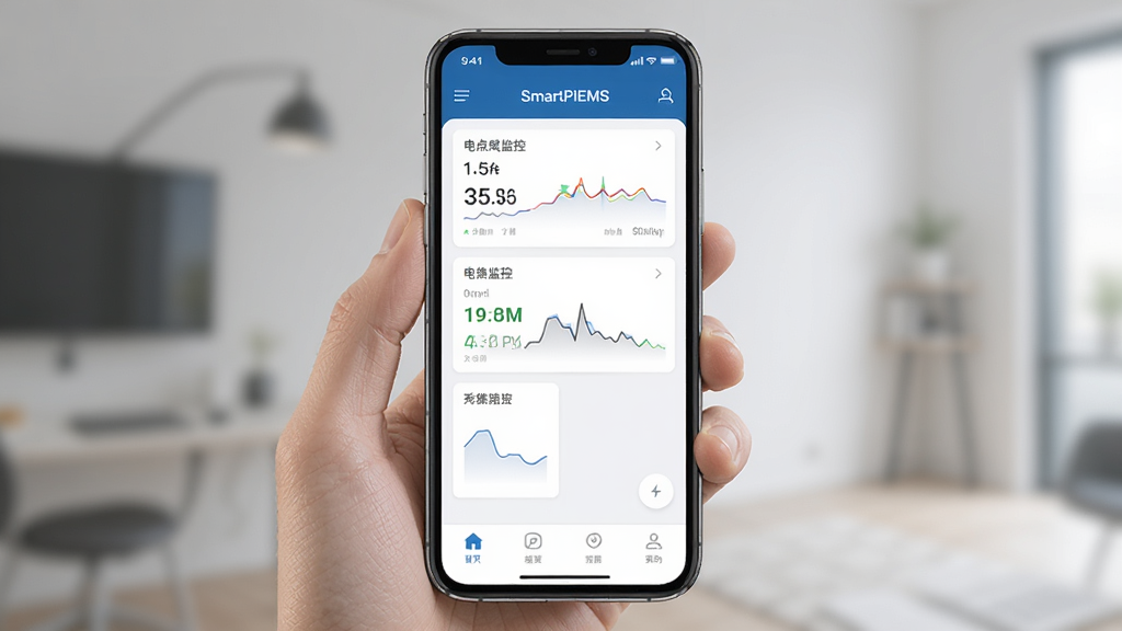 һ��չʾSmartPiEMS�ֻ��ƶ���Ӧ�ý����ͼƬ������Ϊ�ֳ������ֻ�չʾ�������APP���棬����Ϊ�ֻ���Ļ��д���Ű��࣬���Ϊ�ִ��ƶ���UI��ƣ�ϸ�ڰ����ֻ��߿���Ļ�ڵ�ʵʱ���ݿ�Ƭ��ײ������������ʸ��壬����ɾ����޶���Ԫ�ء�
