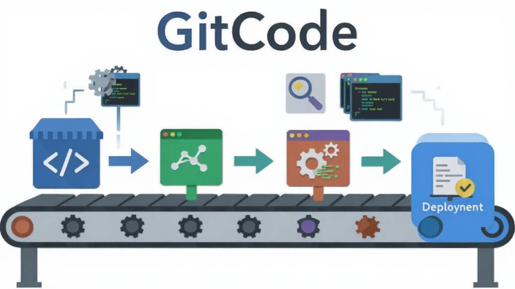 һ��չʾGitCode�Զ�����ˮ�߸���ĿƼ�ͼ������Ϊһ�����ʹ��Ӵ���ͼ������������ͼ�꣬�м侭�������빹�����ڣ����涥���С�GitCode�����֣�����Ϊ������ˮ��ʽ�����Ϊ�ִ���ƽ�Ƽ��磬ϸ�ڰ������֡��ն˴������ͷ�������������ɾ����޶���Ԫ��