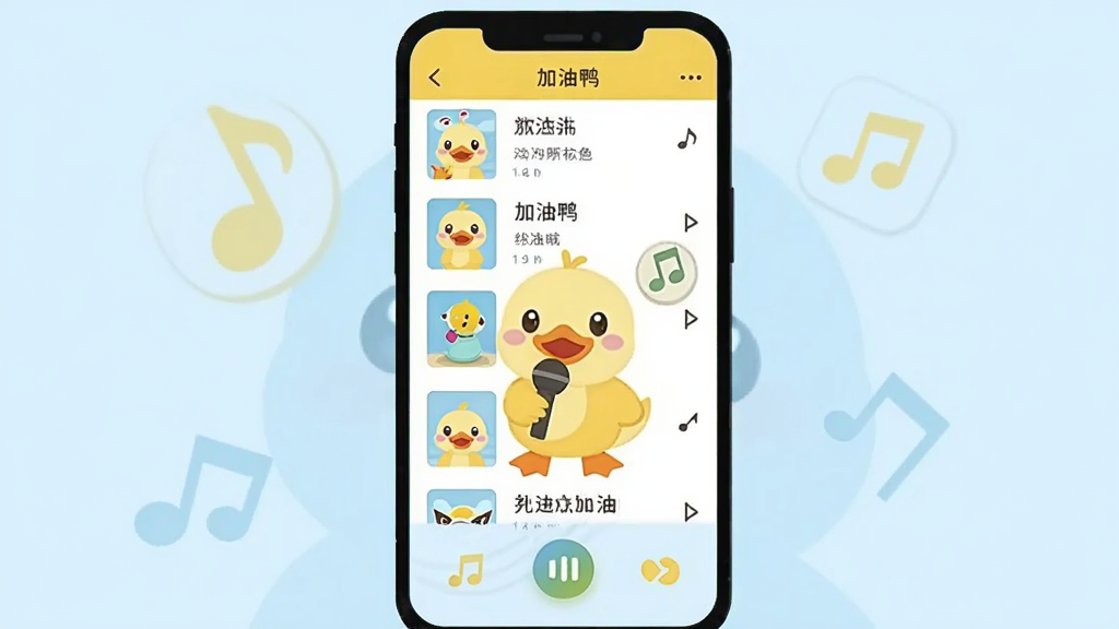 һ��չʾ�ֻ�����Ӧ�ý���ı�ƽ���廭����Ļ����ʾ���׶����б��Ͳ��Ű�ť�������Ի�ɫ��ǳ��ɫΪ��ɫ��������������һֻ��ͨСѼ��������˷磬��ΧƮ��������ͼ�꣬���ɰ���࣬���ʸɾ������������б�ע���֡�����Ѽ��