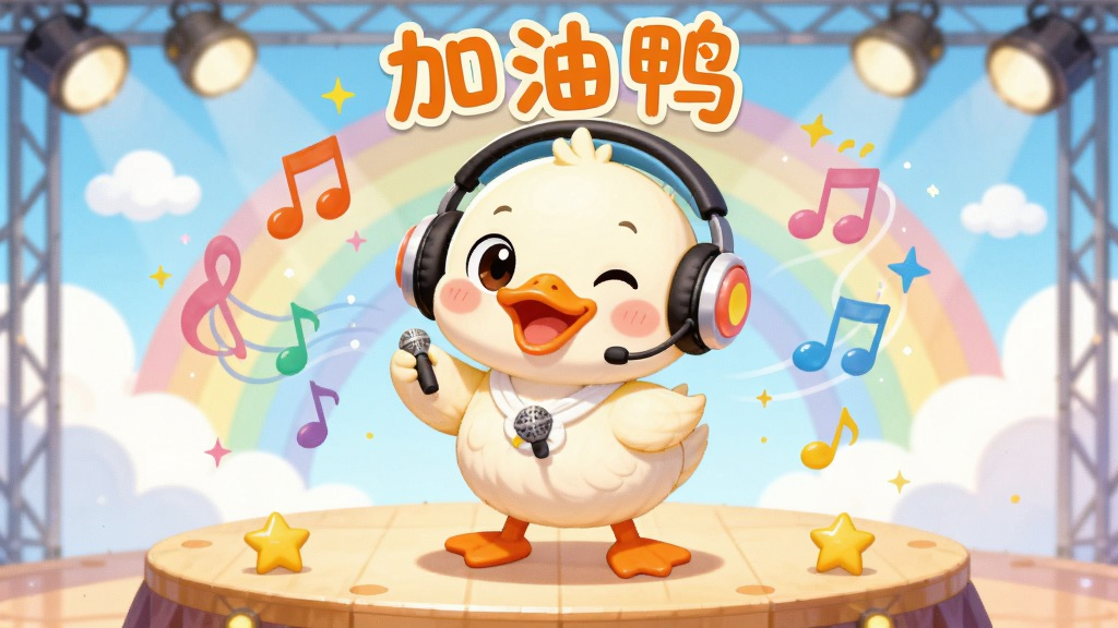 һ��������ܰ�Ķ�ͯ��������廭������������һֻ�ɰ��Ŀ�ͨСѼ�Ӵ��Ŷ���վ����̨�ϳ��裬��Χ�����Ų�ɫ���������ǣ���������͵����������ʺ磬���������»��ã����ʸɾ��������޶���Ԫ�أ������б�ע���֡�����Ѽ��