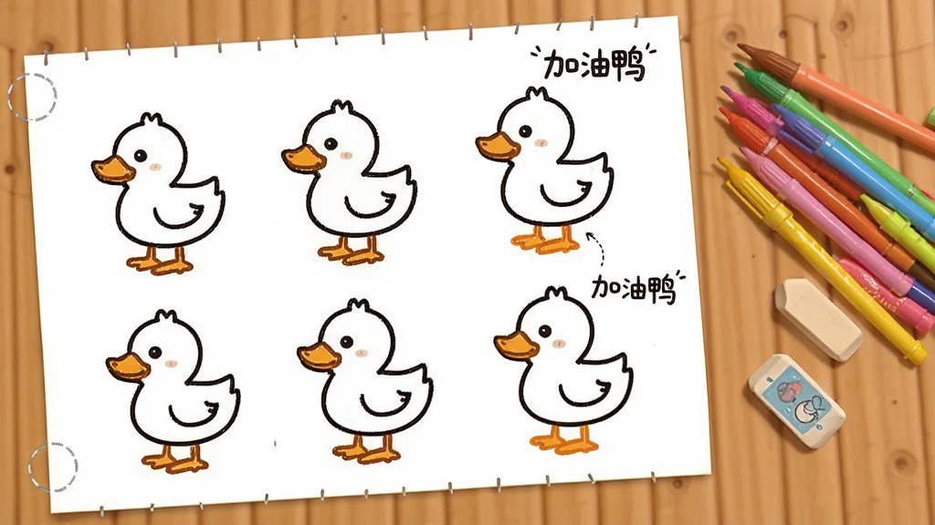 һ�Ŷ�ͯ��ʻ��̵̳Ĳ廭��������һ�Ű�ֽ�ϻ��Ų���ֽ�Ŀ�ͨСѼ�Ӽ�ʻ����Ա߷��Ų�ɫ���ʺ���Ƥ��������ľ�����棬���������¼�Լ�����ʸɾ��������޶���Ԫ�أ������б�ע���֡�����Ѽ��