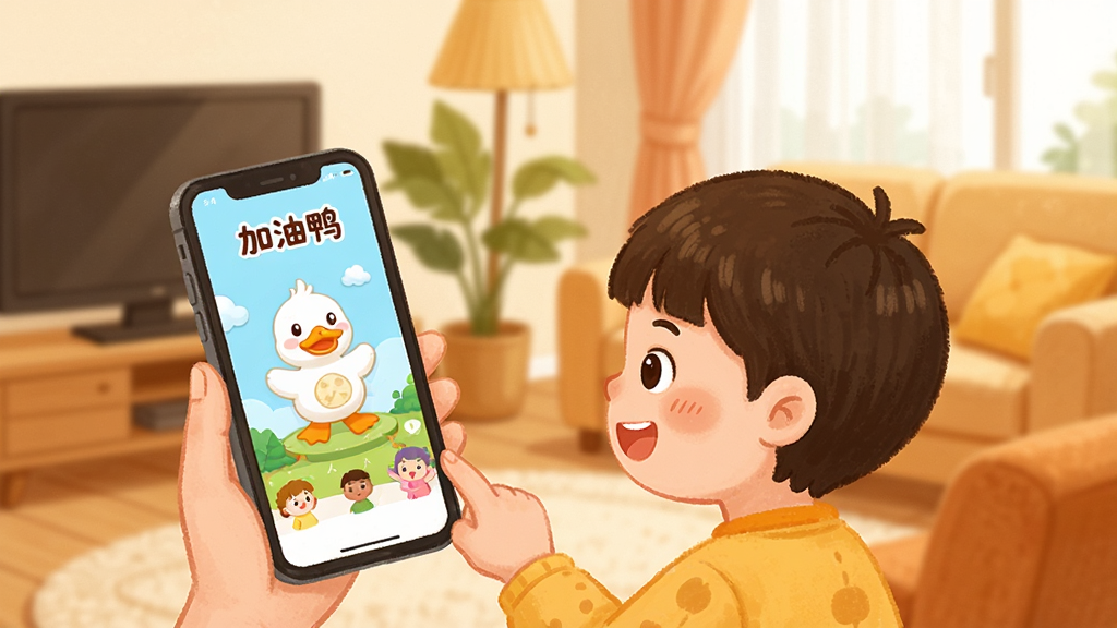 һ���ֻ�Ӧ��ʹ�ó����Ĳ廭��������һλ�ҳ��ͺ���һ�����ֻ���Ļ����Ļ����ʾ����Ѽ�Ķ��貥�Ž��棬��������ܰ�ļ�ͥ��������������ů���У����ʸɾ��������޶���Ԫ�أ������б�ע���֡�����Ѽ��