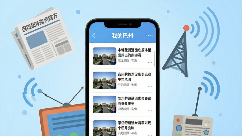һ��չʾ���ҵİ��ݡ�Ӧ����Ѷҳ���ͼƬ������������һ���ֻ�����Ļ��ʾ�������������б���ÿ��������������ͼ�ͱ��⣬�ֻ���Χ�����ű�ֽ���㲥�źŵ�Ԫ�أ�����Ϊǳ��ɫ���䣬����ƽ���廭��ϸ�ڷḻ����������������ɾ�������Ԫ�ء�