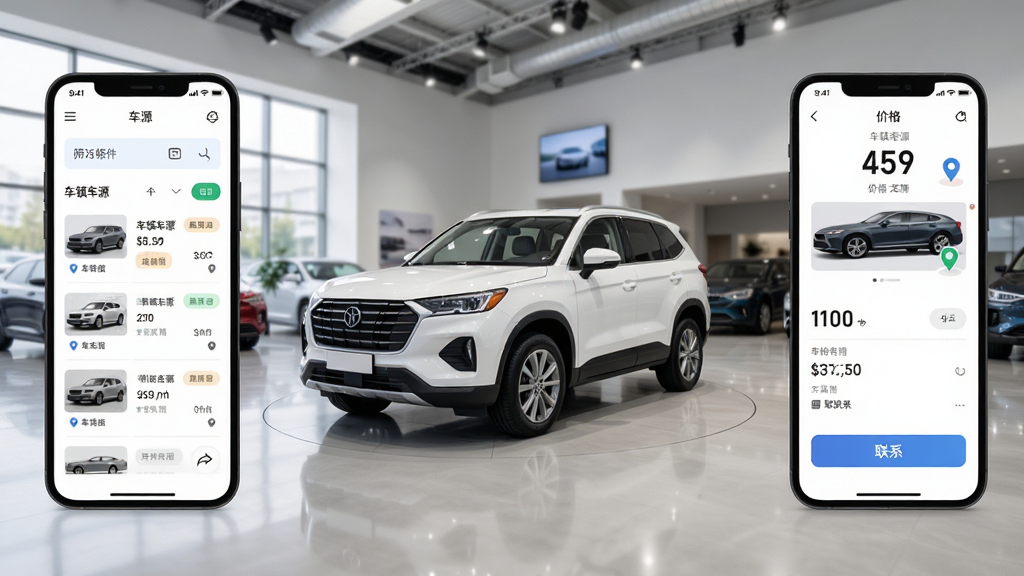 ����Դ����������չʾ������������һ����ɫSUVͣ��չ���У���Χ�����ֻ���Ļ��ʾ��Դ�б��ͳ�������ҳ������Ϊ������������������ɸѡ�����������ǳ�����Ƭ�������Ǽ۸�����ϵ��ť�����Ϊ�ִ���ƽ���Ƽ��磬ϸ�ڰ�������������ǩ����ͼ��λͼ�ꡢ������ͷ�����������������ɾ����࣬�޶���Ԫ��