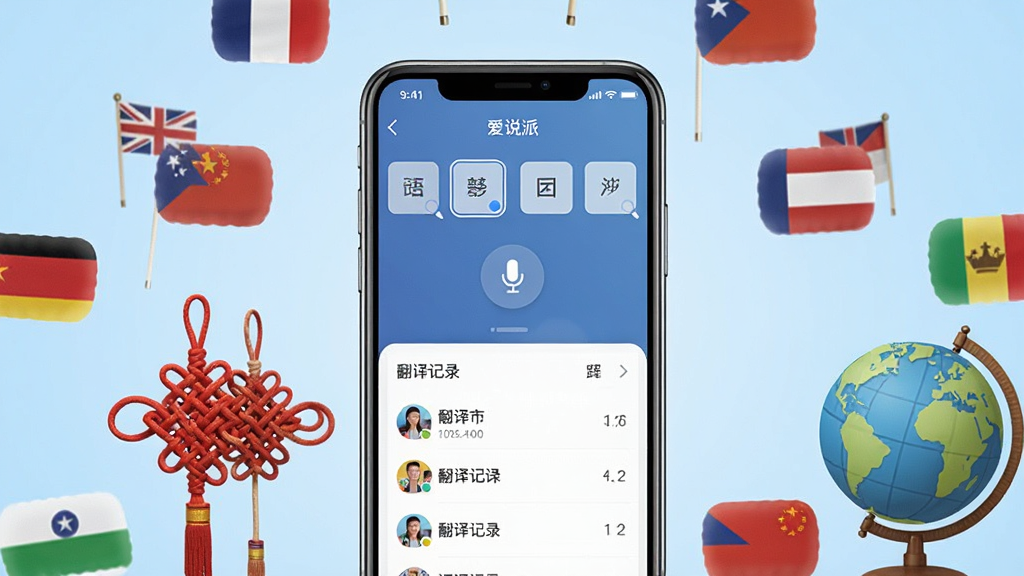 一张展示爱说派软件主界面的场景图,画面中央是一部智能手机,屏幕上显示爱说派应用的主界面,界面中有语言选择栏、麦克风按钮和翻译记录列表,手机周围环绕着不同国家的国旗图标和中国结、地球仪等元素,背景是浅蓝色渐变,整体风格简洁现代,排版居中,细节清晰,画质干净,无多余元素