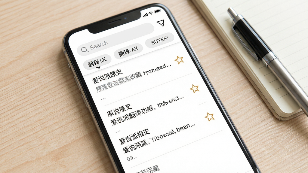 爱说派翻译记录与收藏功能界面图,画面展示一部手机的屏幕特写,界面中显示翻译历史列表,每条记录包含原文和译文,右侧有星标收藏图标,顶部有搜索框和筛选标签,背景为浅色木纹桌面,手机旁边放着一本笔记本和一支笔,整体风格清新自然,排版整洁,画质干净,无多余元素