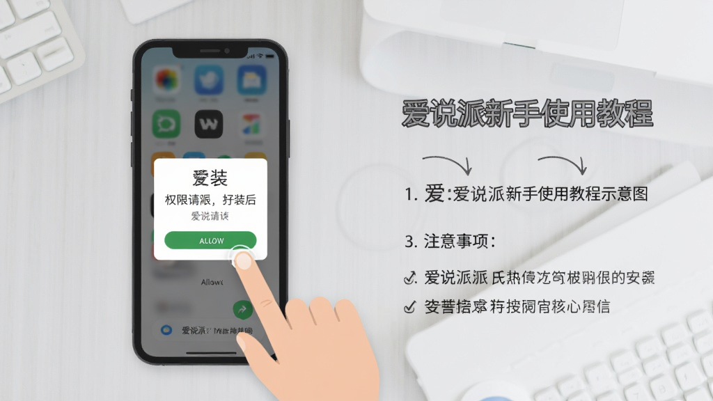 爱说派新手使用教程示意图,画面中一部手机展示爱说派安装后的权限请求弹窗界面,旁边有手指点击允许按钮的动作示意,背景是浅灰色桌面,画面一侧有文字标注安装步骤和注意事项,整体风格扁平化,排版清晰,画质干净,无多余元素