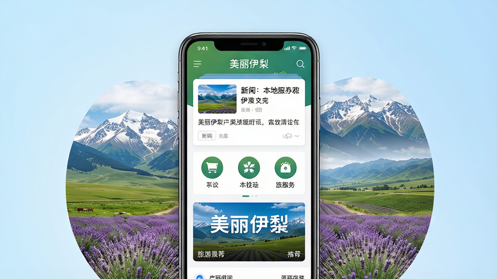 一张展示美丽伊犁手机应用界面的预览图,画面中央是一部竖屏智能手机,手机屏幕上显示美丽伊犁APP的主页,主页包含新闻资讯卡片、本地服务图标和旅游景点推荐横幅,手机周围环绕着伊犁草原、雪山、薰衣草田等自然风光元素,背景为淡蓝色渐变,排版居中对称,风格清新写实,细节丰富,画质清晰干净,无多余元素,图片中文字清晰显示“美丽伊犁”