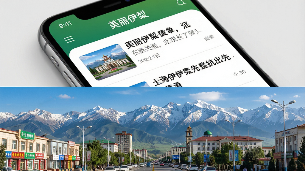 一张展现美丽伊犁资讯功能的AI生图,画面上半部分为手机屏幕特写,屏幕内展示美丽伊犁APP的新闻列表页面,标题清晰可见,下半部分为伊犁城市街景与天山背景融合的画面,整体布局上下分层,风格现代简洁,细节精致,画质高清,干净无杂乱,图片中文字标注“美丽伊犁”