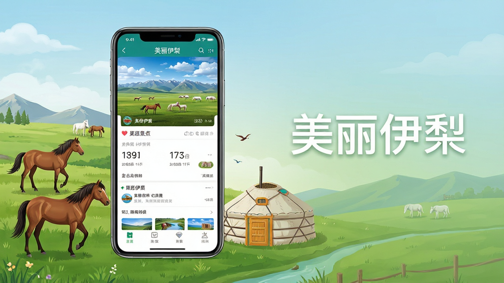 一张展示美丽伊犁旅游功能的生图,画面主体为手机屏幕中显示美丽伊犁APP的景点详情页,屏幕旁边放置伊犁草原、骏马、毡房等旅游元素插画,布局采用左图右文或居中构图,风格写实清新,细节丰富,画质清晰,干净无多余元素,图片中文字显示“美丽伊犁”