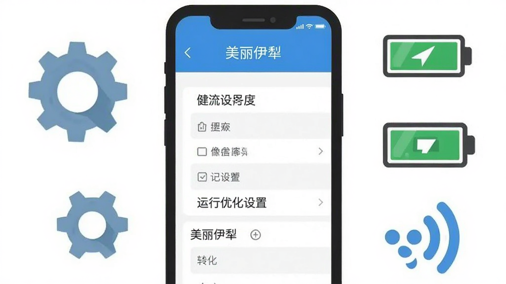 一张美丽伊犁APP运行优化设置的示意图,画面展示手机屏幕中的设置页面,旁边有齿轮、电池、信号图标等元素,布局简洁明了,风格扁平化,细节清晰,画质干净,无多余元素,图片中文字显示“美丽伊犁”