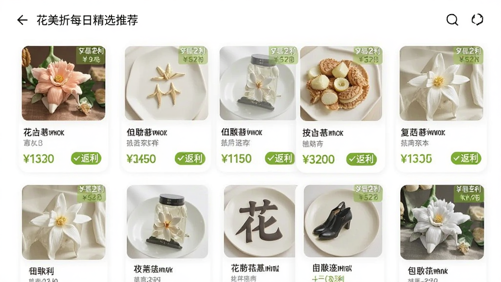 ������ÿ�վ�ѡ�Ƽ�ҳ�棬�ֻ���Ļ��ʾ������Ʒ�Ƽ���Ƭ��ÿ�ſ�Ƭ������ƷͼƬ�����ơ��۸�ͷ�����ǩ��������ɫ���£��԰�ɫ��ǳ��ɫΪ������ƬԲ����ƣ��Ű��������ۣ����������ɾ����޶���Ԫ��