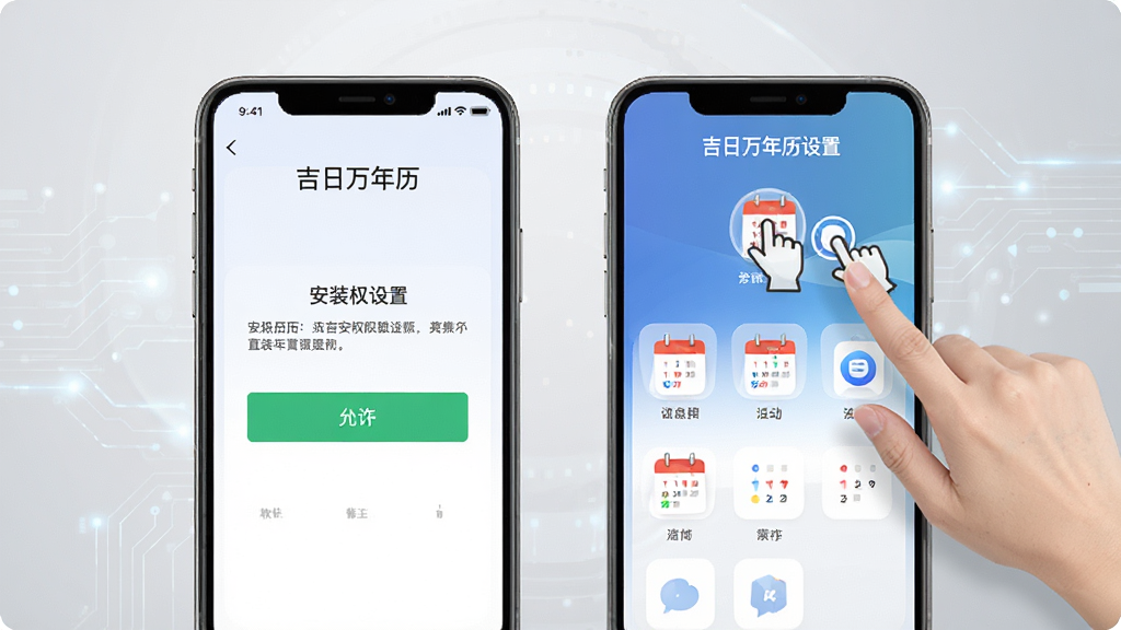 吉日万年历移动端操作示意图,手机屏幕显示安装权限设置与软件主界面,旁边有手指点击图标,背景为浅灰色科技感渐变,风格简洁明了,细节包含允许安装按钮与日历图标,画质清晰,画面干净无杂物