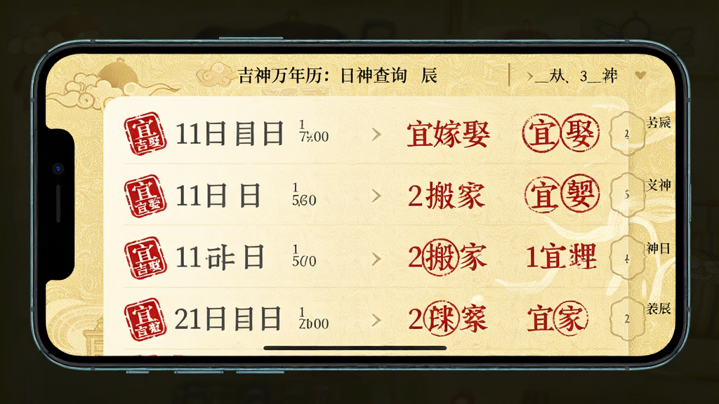 吉日万年历吉日查询功能界面,手机屏幕显示黄道吉日列表,日期旁标注宜嫁娶、宜搬家等红色印章样式图标,背景为浅金色纹理,风格古典精致,细节包含吉神方位与时辰标注,画面干净,画质清晰