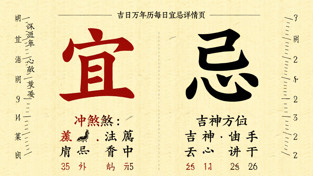 吉日万年历每日宜忌详情页,画面中央为红色宜字与黑色忌字分列两侧,下方列出冲煞生肖与吉神方位,背景为淡黄色宣纸质感,风格传统简约,细节包含小字注解与时辰刻度,画质清晰,无多余装饰